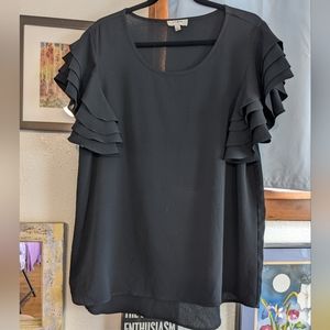 Umgee Black Short Ruffle Sleeve Blouse Top SZ Large